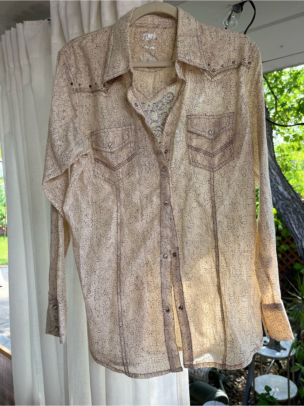 ROCK Wrangler khaki Western Shirt with Brown Stitch-Style Print